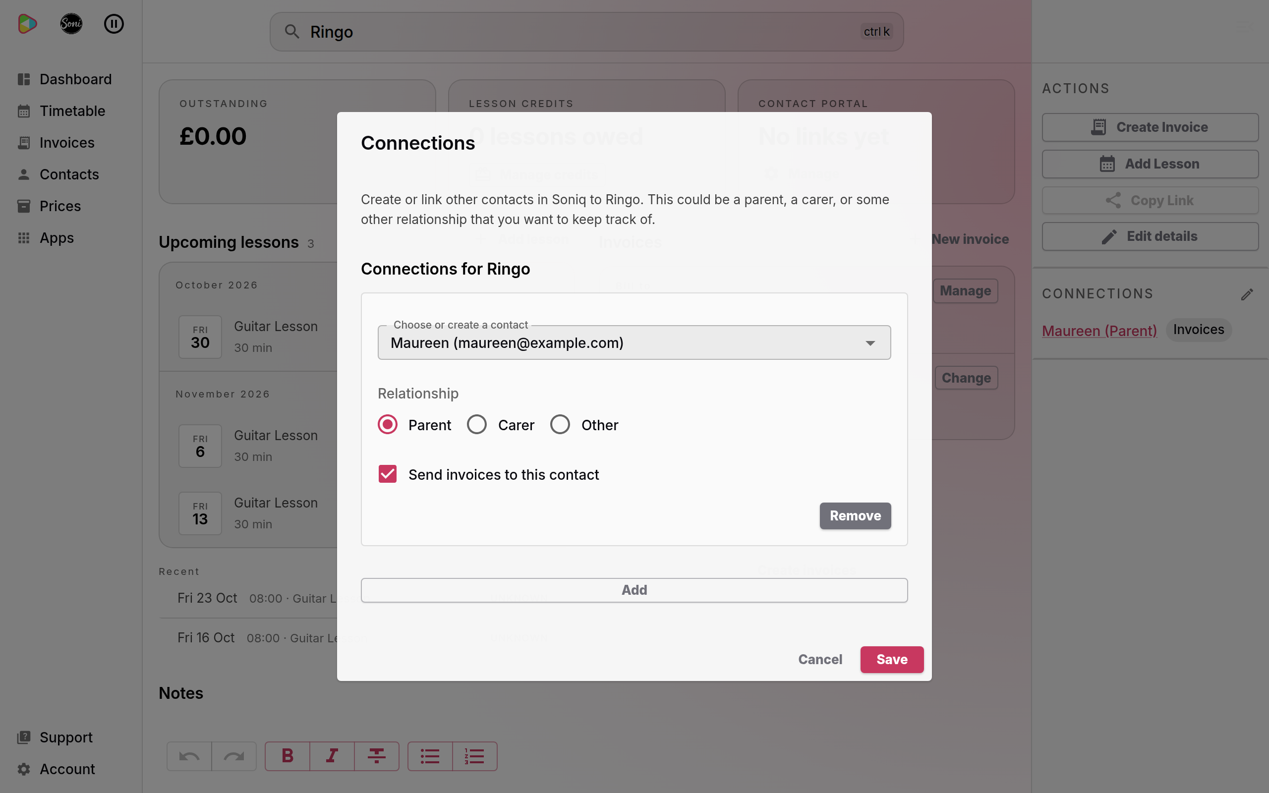 The Connections dialog open on Ringo’s contact page, with Maureen chosen as a Parent and Send invoices to this contact ticked