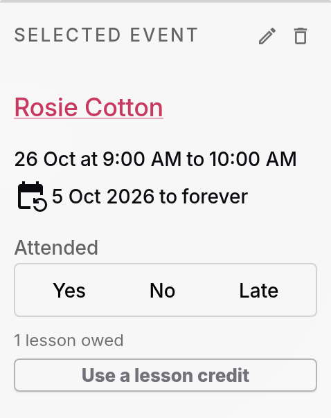 The Selected Event panel for Rosie Cotton showing 1 lesson owed and the Use a lesson credit button