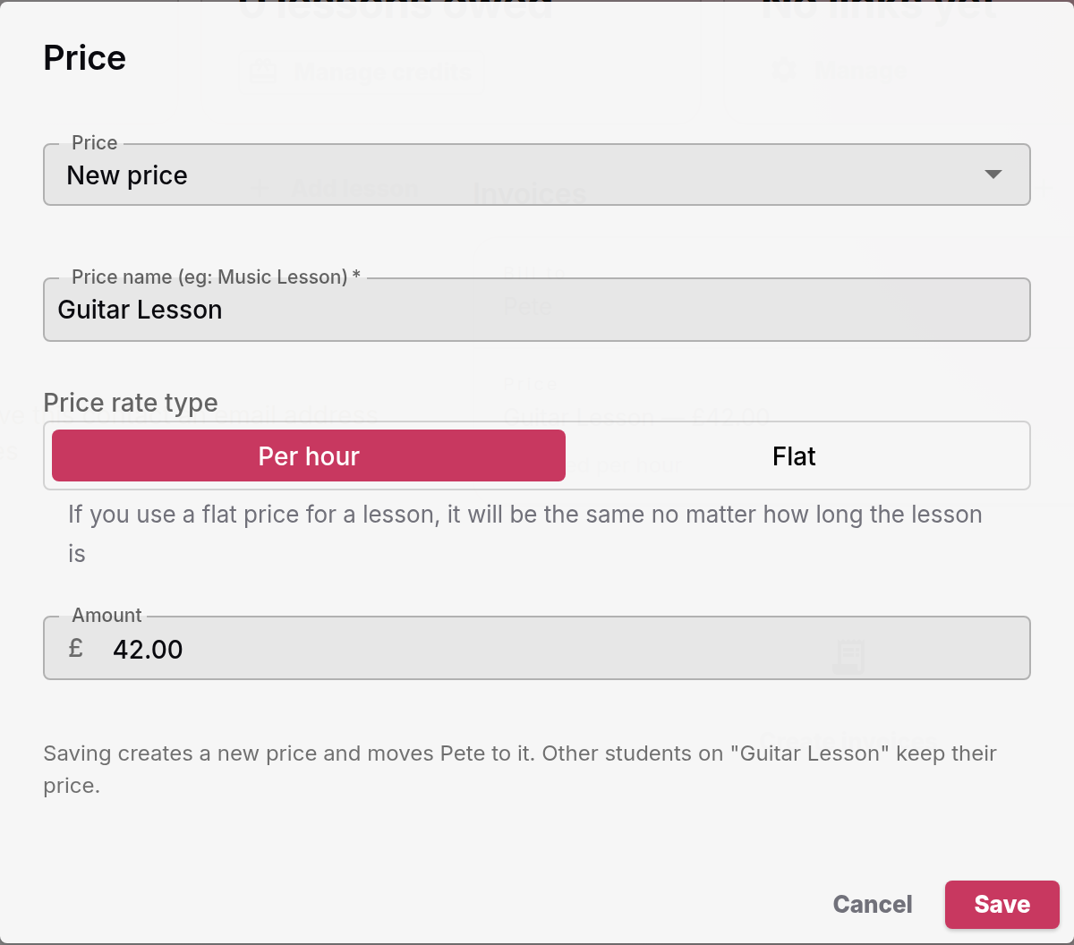 The Price dialog for Pete with New price chosen, the Guitar Lesson name, Per hour, and an amount of 42.00
