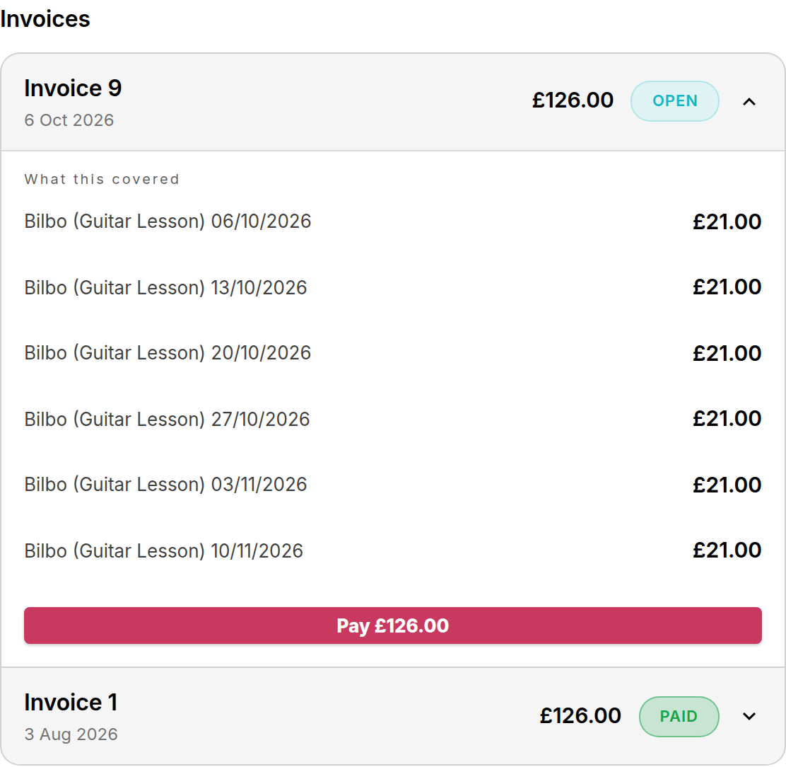 An open invoice in the portal showing six Guitar Lesson lines under What this covered and a Pay £126.00 button