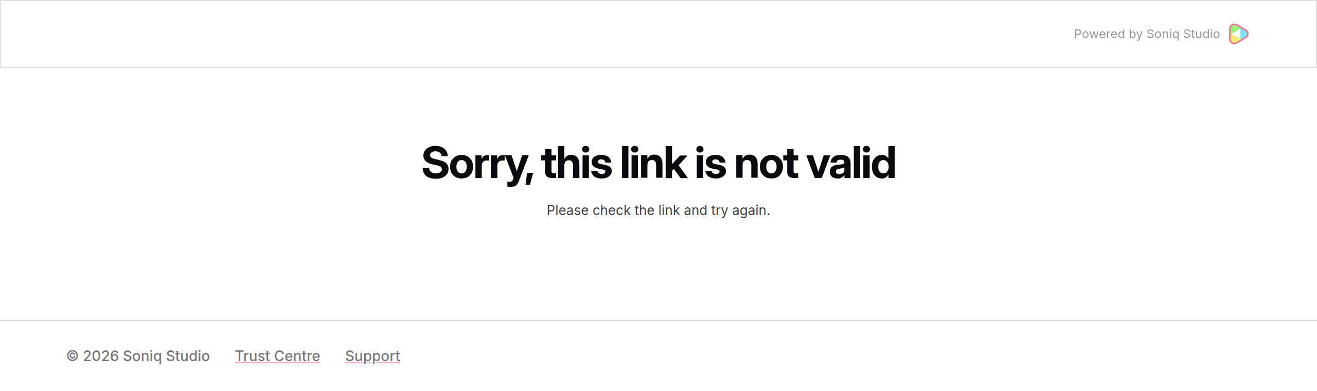 The portal page for a link that is not valid, with the message Please check the link and try again