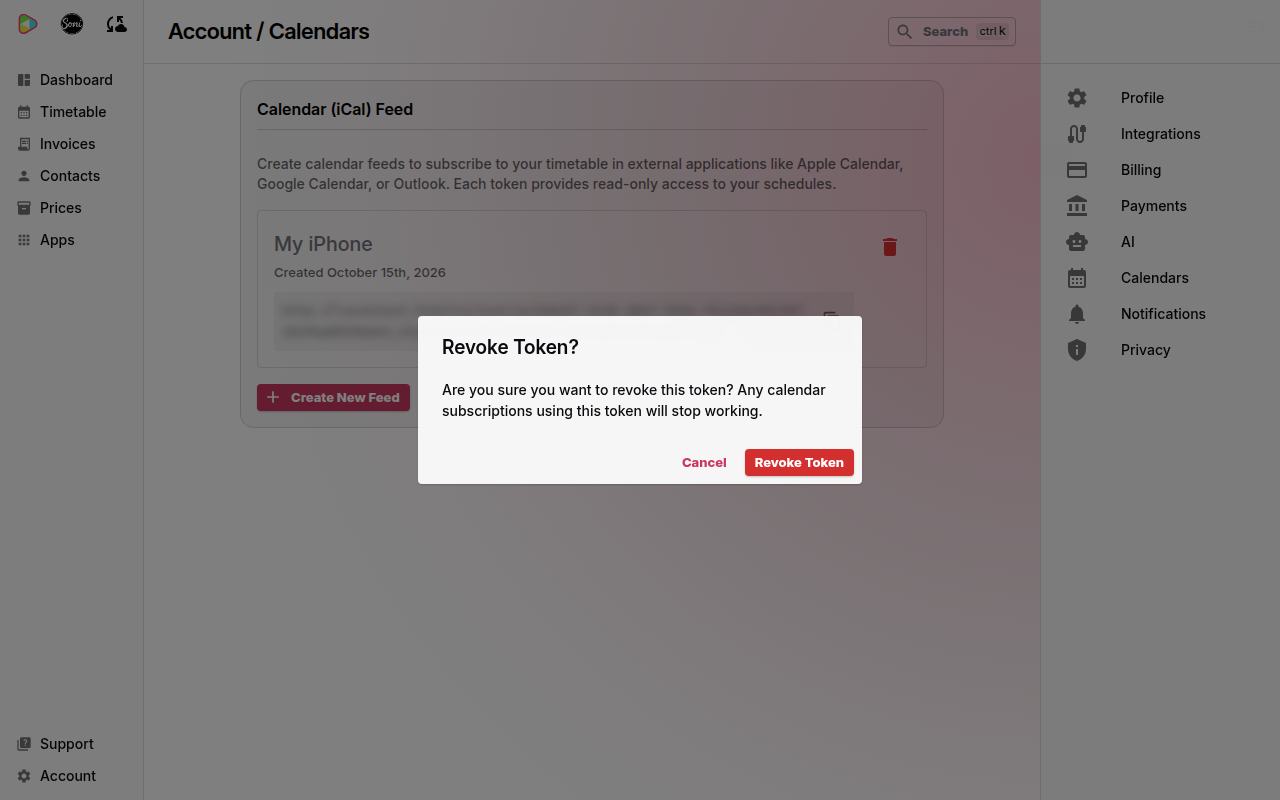The Revoke Token? dialog warning that calendar subscriptions using this token will stop working
