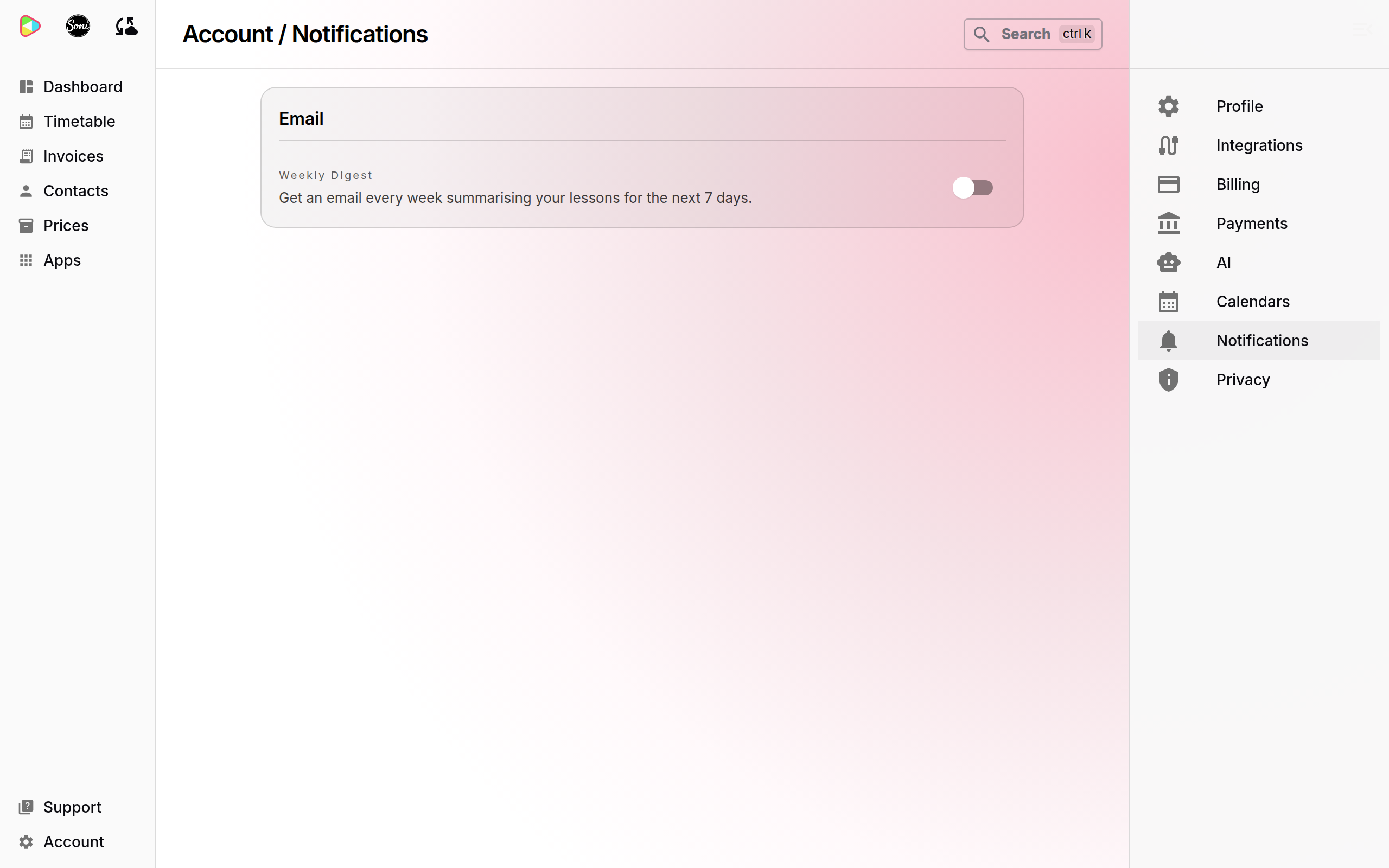 The Account Notifications page with the Weekly Digest switch in the Email card
