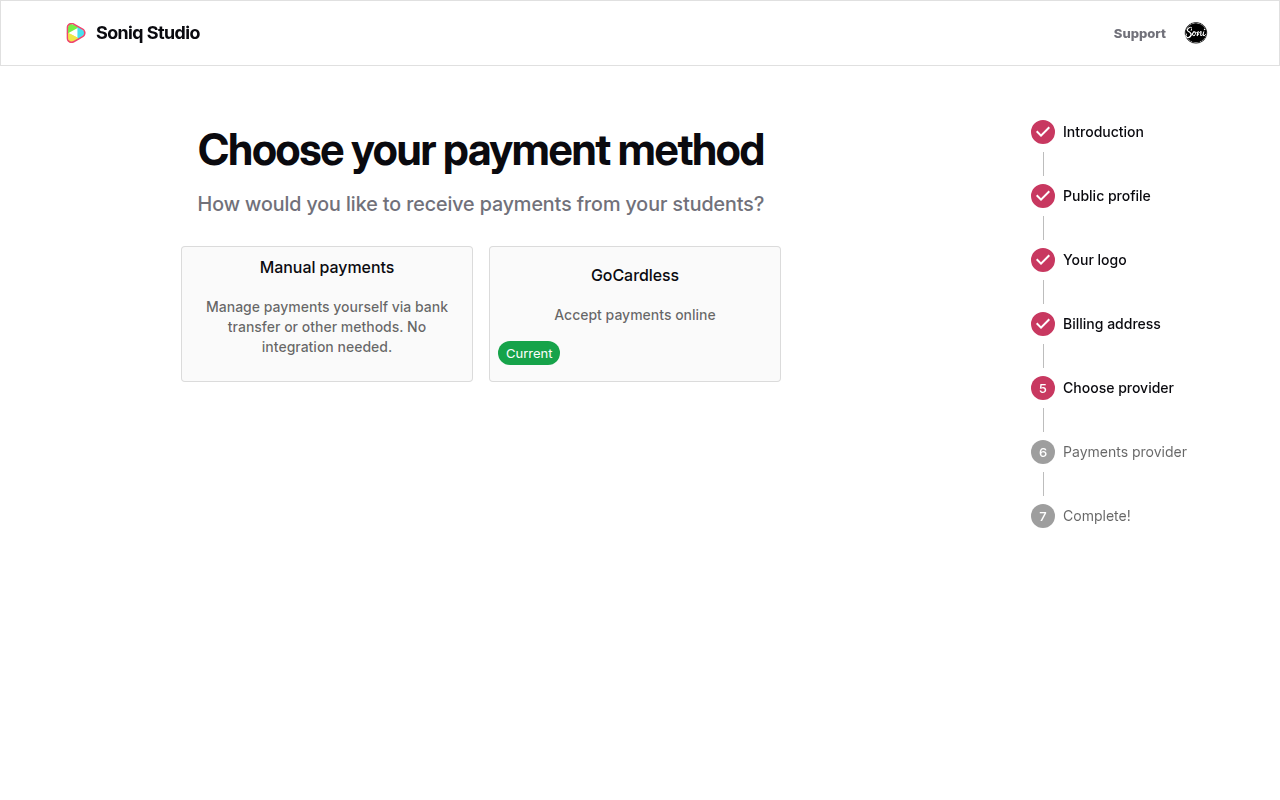 The Choose your payment method screen with Manual payments and GoCardless cards