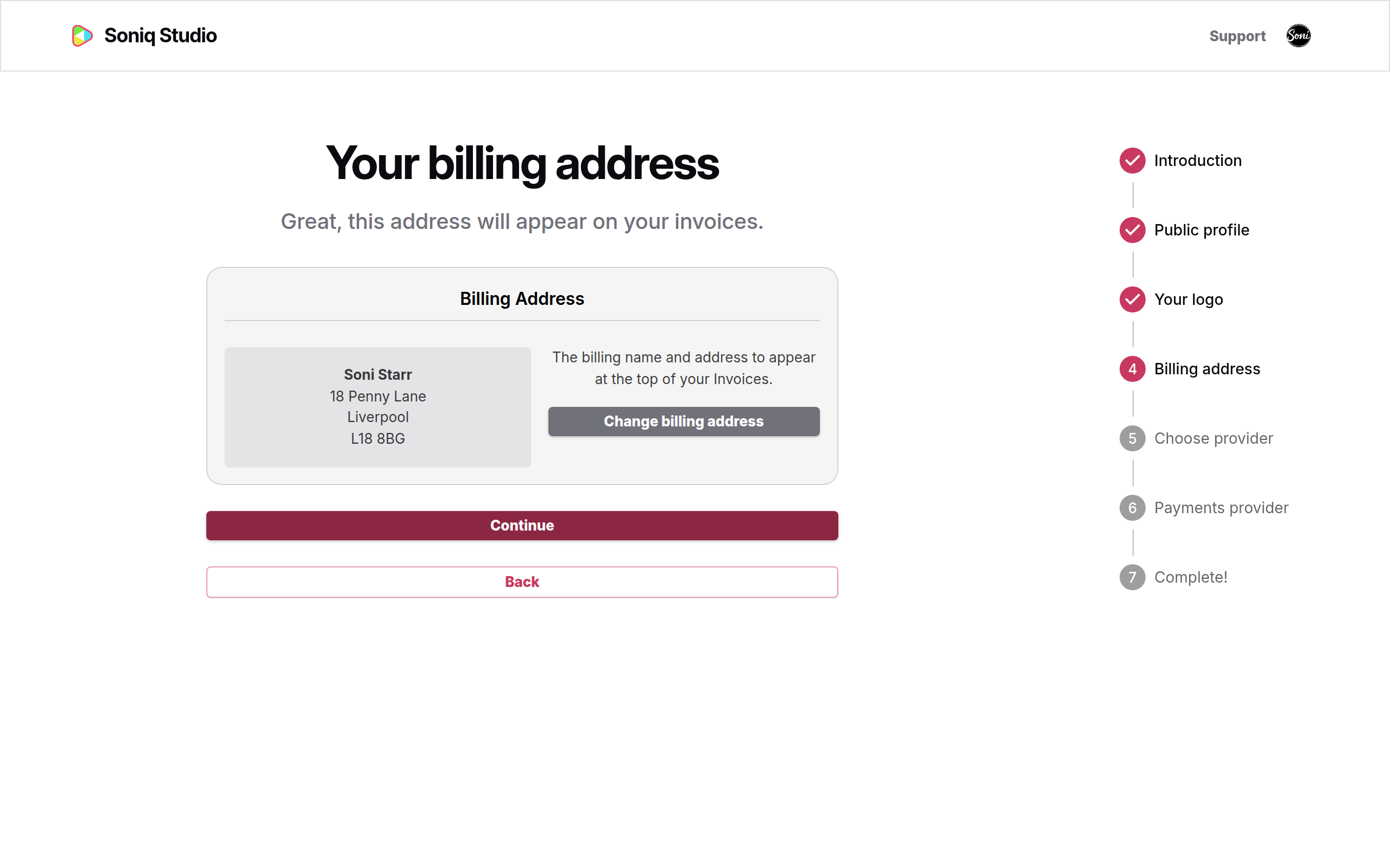 The billing address step showing Soni Starr, 18 Penny Lane, Liverpool, L18 8BG