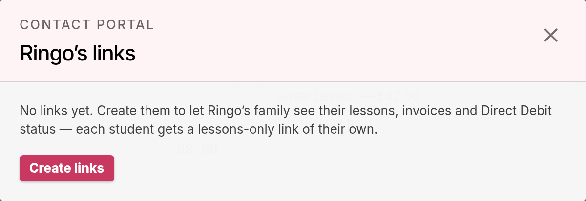 The Ringo’s links dialog with No links yet and a Create links button