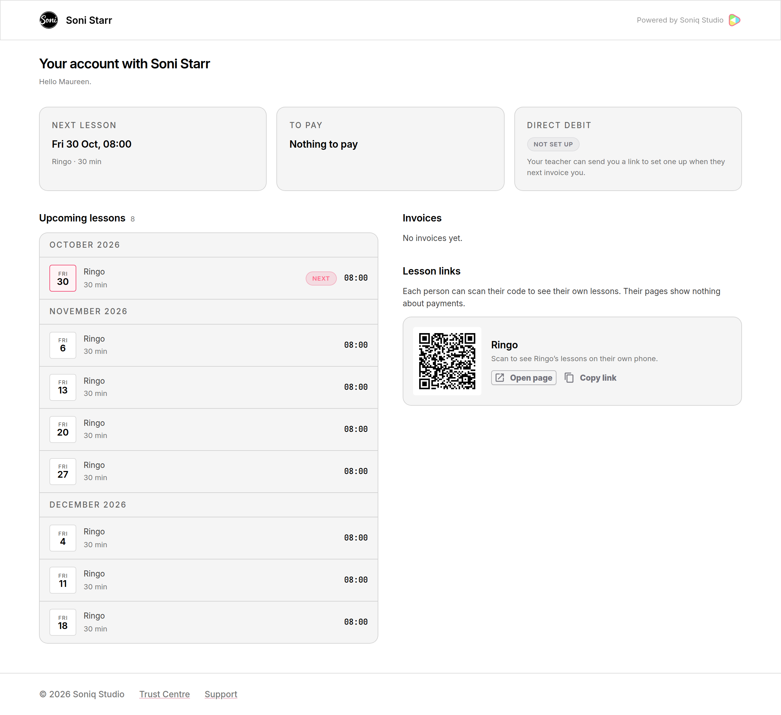 Maureen’s portal page with Next lesson, To pay and Direct Debit cards, Ringo’s upcoming Friday lessons, no invoices yet, and Ringo’s QR code under Lesson links